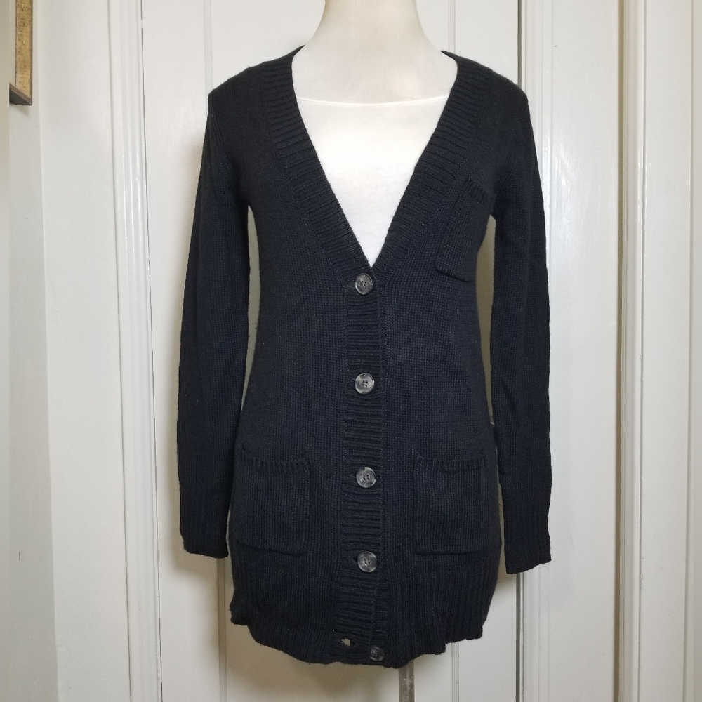 KIRRA black Wool blend Long Sleeve V Neck Button up Cardigan Sweater L